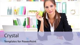  Presentation with apple - Beautiful presentation design featuring lunch sign office - young businesswoman eating an apple backdrop and a light blue colored foreground