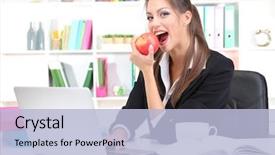  Presentation with apple and family - Presentation theme having lunch sign office - young businesswoman eating an apple background and a light blue colored foreground