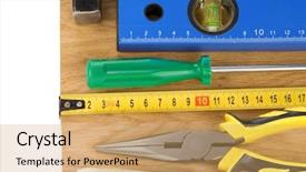  Presentation with construction tools - Audience pleasing presentation theme consisting of office accessories - construction tools isolated on white backdrop and a coral colored foreground