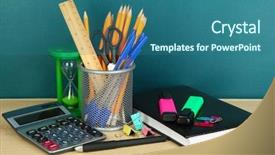  Presentation with accessories - PPT layouts with office accessories - school supplies on wooden table background and a ocean colored foreground