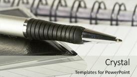  Presentation with pen - Slides with office accessories - silver-black pen lying on opened background and a  colored foreground