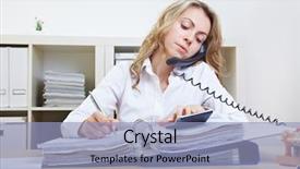  Presentation with business calculator - Cool new PPT theme with office administration - busy business woman backdrop and a light blue colored foreground