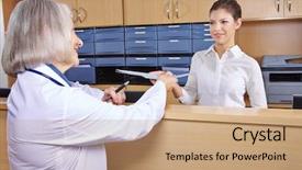  Presentation with medical records - Cool new slide deck with office administration - senior doctor at hospital reception backdrop and a  colored foreground