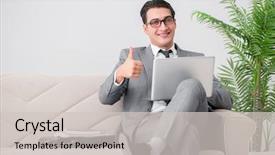  Presentation with spiral notebook for google - Presentation having office assistant - businessman with laptop notebook sitting background and a  colored foreground