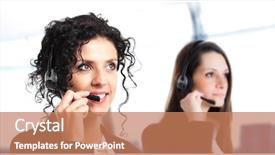  Presentation with call center - Presentation design enhanced with office assistant - portrait of customer representatives background and a  colored foreground