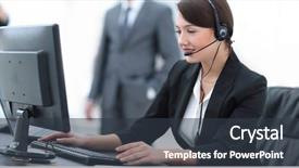  Presentation with support - Amazing slide deck having office assistant - smiling female customer support phone backdrop and a tawny brown colored foreground