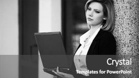  Presentation with business laptop globe - Slide deck with office building stylish fashion model background and a  colored foreground