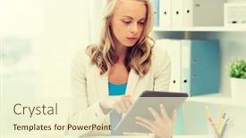  Presentation with technology education - Beautiful slide set featuring office business education technology and people concept - businesswoman or student with tablet pc computer sitting at table backdrop and a cream colored foreground