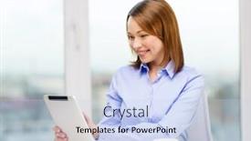  Presentation with technology education - PPT layouts consisting of office business education technology and internet concept - smiling businesswoman or student with tablet pc and coffee background and a sky blue colored foreground