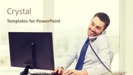  Presentation with education technology - Colorful PPT theme enhanced with office business education technology and internet concept - smiling businessman or student with computer and phone backdrop and a cream colored foreground