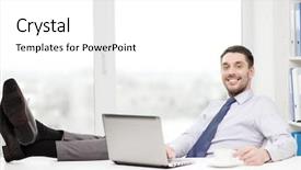  Presentation with technology education - Colorful PPT theme enhanced with office business education technology and internet concept - smiling businessman or student with laptop computer and coffee at office backdrop and a white colored foreground