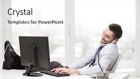  Presentation with education technology - Slides having office business education technology and internet concept - smiling businessman or student with computer and phone background and a white colored foreground