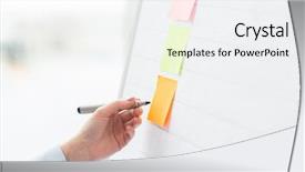  Presentation with flip chart - Cool new slides with office business people startup and education concept - close up of hand with marker drawing on sticker on flip chart backdrop and a white colored foreground