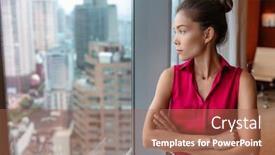  Presentation with future city - Amazing presentation having office business woman worker taking a break pensive looking out the window thinking of future ideas asian businesswoman confident looking at skyline in city center in china asia backdrop and a coral colored foreground