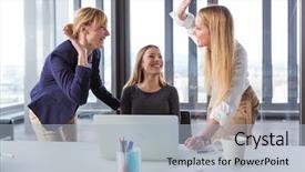  Presentation with business women - Amazing presentation theme having office celebrating good project results backdrop and a light gray colored foreground