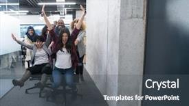  Presentation with fun work - Audience pleasing slides consisting of office chairs excited diverse employee backdrop and a dark gray colored foreground