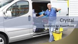  Presentation with next - Presentation having office cleaning - cleaner standing next to van background and a  colored foreground