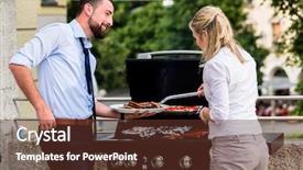  Presentation with grilling - PPT theme enhanced with office colleagues grilling sausages background and a tawny brown colored foreground