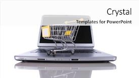  Presentation with shopping - Presentation theme enhanced with office computer store - shopping-cart over a laptop isolated background and a white colored foreground