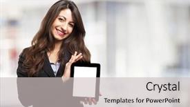  Presentation with digital - Amazing PPT theme having office computer store - woman holding a digital tablet backdrop and a  colored foreground