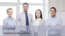  Presentation with office - Theme enhanced with office concept - happy business team background and a light blue colored foreground