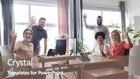  Presentation with team hands - Amazing slide deck having office concept - happy creative team backdrop and a violet colored foreground