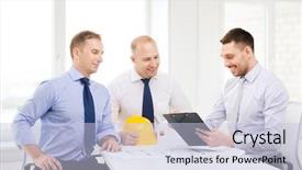  Presentation with team building - Colorful slide deck enhanced with office concept - happy team backdrop and a light blue colored foreground