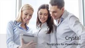  Presentation with office - Slide deck featuring office concept - smiling business team background and a light gray colored foreground