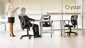  Presentation with meeting - Cool new presentation design with office desk - image of businesspeople working backdrop and a soft green colored foreground