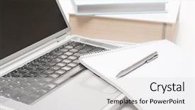  Presentation with office desk reception - Audience pleasing presentation theme consisting of office desk laptop with notepad backdrop and a light gray colored foreground