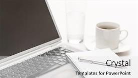  Presentation with pen laptop coffee cup clips - Slide deck consisting of office desk laptop with notepad background and a white colored foreground