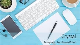  Presentation with flower office desk table - Beautiful PPT theme featuring office desk table of business backdrop and a  colored foreground