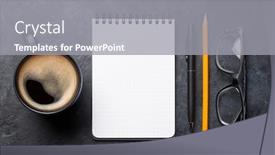  Presentation with notepad - Audience pleasing PPT theme consisting of office-desk-table-with-blank backdrop and a gray colored foreground