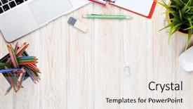  Presentation with flower office desk table - Slides consisting of office desk table with computer background and a sky blue colored foreground