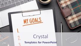  Presentation with goals - Amazing PPT theme having office-desk-table-with-goals backdrop and a sky blue colored foreground