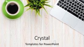  Presentation with flower office desk table - Slide deck consisting of office desk table with laptop background and a sky blue colored foreground