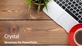  Presentation with flower office desk table - Audience pleasing PPT layouts consisting of office desk table with laptop backdrop and a coral colored foreground