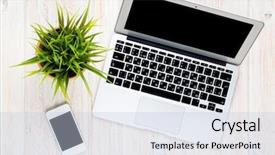  Presentation with flower office desk table - Cool new PPT theme with office desk table with laptop backdrop and a lemonade colored foreground