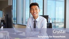  Presentation with office management - Audience pleasing presentation theme consisting of office desk using computer backdrop and a light blue colored foreground