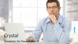  Presentation with worker - Slides consisting of office desk using laptop computer background and a light gray colored foreground