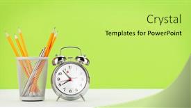  Presentation with remote work - Beautiful PPT layouts featuring office-desk-with-alarm-clock backdrop and a yellow colored foreground