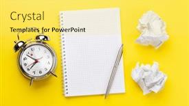  Presentation with alarm - Beautiful PPT theme featuring office-desk-with-alarm-clock backdrop and a yellow colored foreground