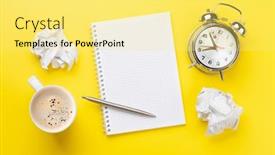  Presentation with alarm - Presentation design featuring office-desk-with-coffee-alarm background and a yellow colored foreground