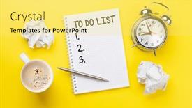  Presentation with alarm - Cool new presentation design with office-desk-with-coffee-alarm backdrop and a yellow colored foreground