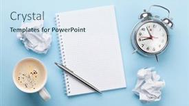  Presentation with inspiration - PPT layouts featuring office-desk-with-coffee-alarm background and a sky blue colored foreground