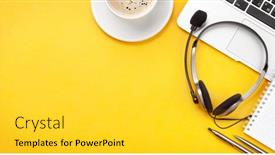  Presentation with remote work - Cool new presentation design with office-desk-with-headset-coffee backdrop and a light gray colored foreground