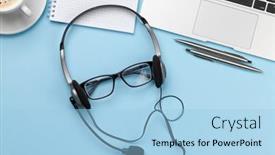  Presentation with remote work - Slides consisting of office-desk-with-headset-glasses background and a light blue colored foreground