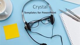  Presentation with remote work - Colorful presentation design enhanced with office-desk-with-headset-glasses backdrop and a light blue colored foreground