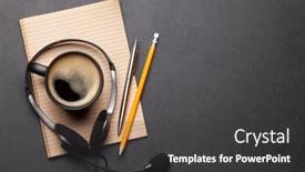  Presentation with remote work - PPT layouts featuring office-desk-with-headset background and a dark gray colored foreground