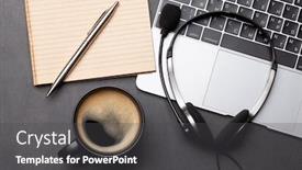  Presentation with remote work - Beautiful PPT layouts featuring office-desk-with-headset backdrop and a dark gray colored foreground